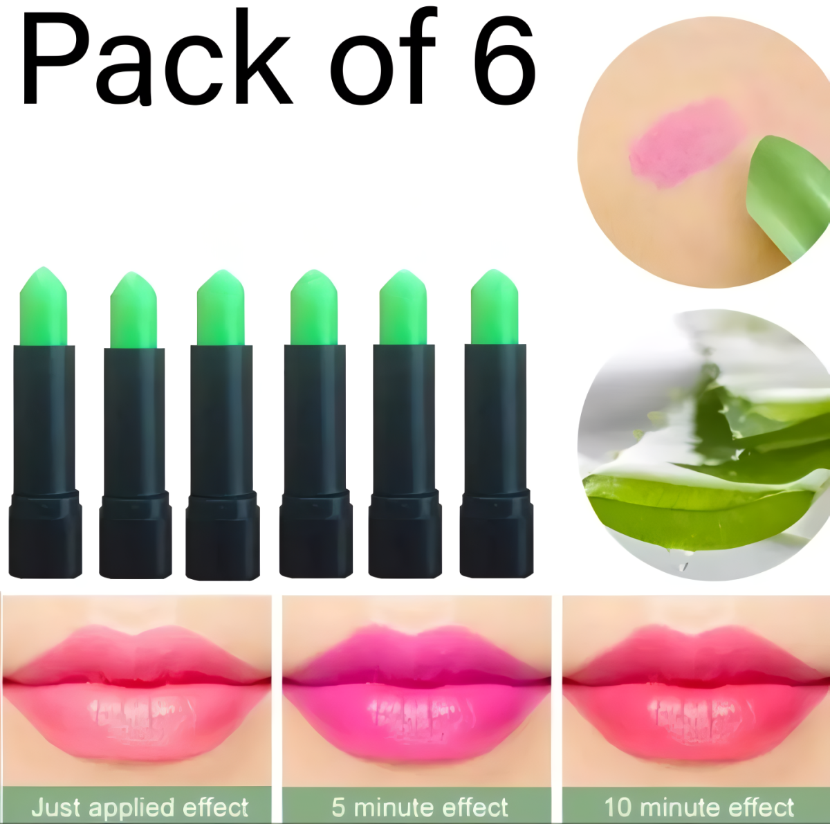 Pack Of 6 Pcs Green Color Changing Lipstick Set – Creamy Moisturizing Magic Lip Balm, Long-Lasting Hydrating Lipstick with Temperature-Sensitive Shade Shifting to Pink – Soft &amp;amp; Smooth Lip Care Makeup Kit