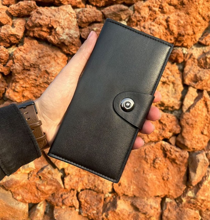 Tri-Fold Pure Leather Long Wallet for Men &amp;amp; Women – Genuine Cow Leather Fashion Wallet with Multiple Card Slots, Cash &amp;amp; Mobile Compartments – Stylish Smooth Pattern in Brown, Black &amp;amp; Blue (18×9×2cm)