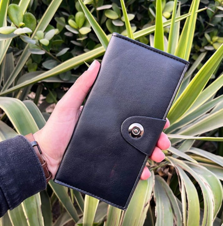 Tri-Fold Pure Leather Long Wallet for Men &amp; Women – Genuine Cow Leather Fashion Wallet with Multiple Card Slots, Cash &amp; Mobile Compartments – Stylish Smooth Pattern in Brown, Black &amp; Blue (18×9×2cm) View Gallery - Pakistan