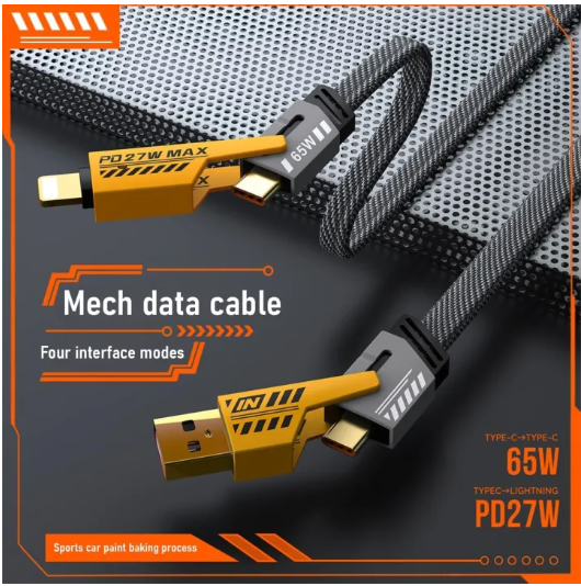 4 in 1 Data Cable – USB-C &amp; Lightning Connectors, Braided Durable Design, Fast Charging &amp;amp; Data Transfer, Black with Yellow Connectors (Without Box)