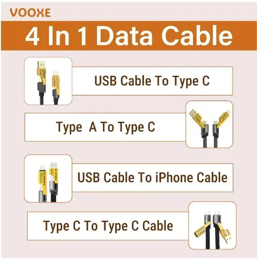 4 in 1 Data Cable – USB-C & Lightning Connectors, Braided Durable Design, Fast Charging &amp; Data Transfer, Black with Yellow Connectors (Without Box) View Gallery - Pakistan