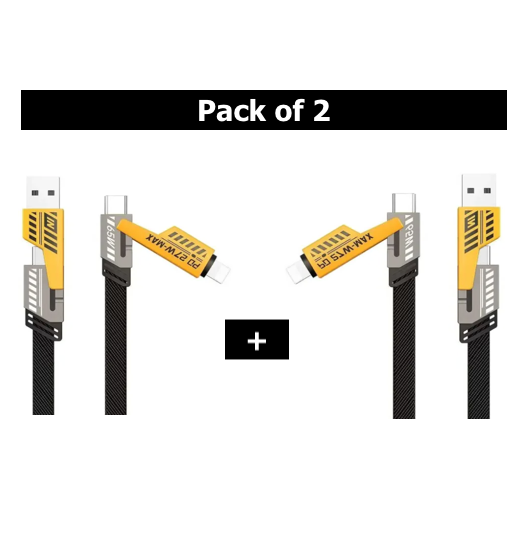 4 in 1 Data Cable – USB-C & Lightning Connectors, Braided Durable Design, Fast Charging &amp; Data Transfer, Black with Yellow Connectors (Without Box) View Gallery - Pakistan