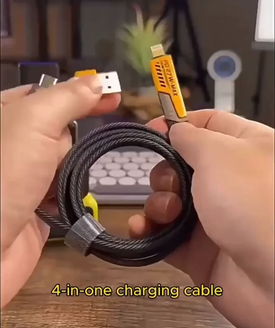 4 in 1 Data Cable – USB-C & Lightning Connectors, Braided Durable Design, Fast Charging &amp; Data Transfer, Black with Yellow Connectors (Without Box) View Gallery - Pakistan