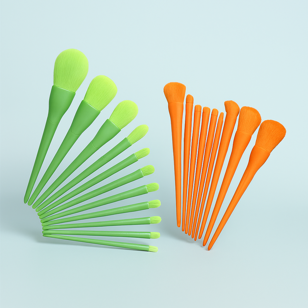 10 Pcs Professional Makeup Brush Set – Face, Eyes &amp;amp; Lips | Concealer, Blush, Eyeshadow, Highlighter | Orange &amp;amp; Green Colors