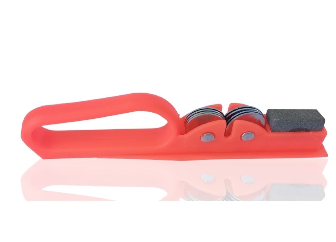 Professional Knife Sharpener with 8-Wheel Blades &amp; Sanding Stone | Durable Plastic Grip, Coarse &amp; Fine Sharpening Slots for Kitchen Knives | Compact &amp; Reliable Knife Filer for Quick Sharpening &amp; Polishing (Random Color) View Gallery - Pakistan