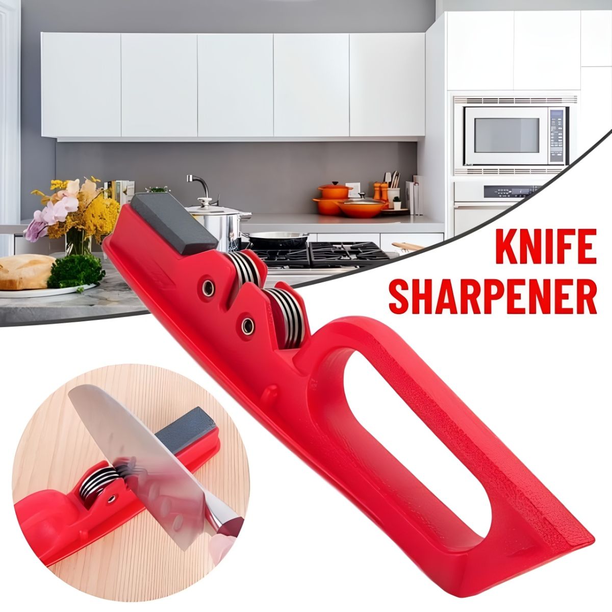 Professional Knife Sharpener with 8-Wheel Blades &amp; Sanding Stone | Durable Plastic Grip, Coarse &amp; Fine Sharpening Slots for Kitchen Knives | Compact &amp; Reliable Knife Filer for Quick Sharpening &amp; Polishing (Random Color) View Gallery - Pakistan