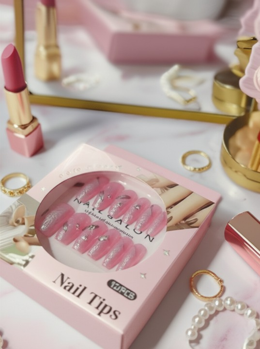 Luxury Pink Nail Tips Set – 12 PCS False Nails with Glitter &amp; Rhinestone Design | Elegant Salon-Style Press-On Nails for Parties, Weddings &amp; Everyday Fashion View Gallery - Pakistan