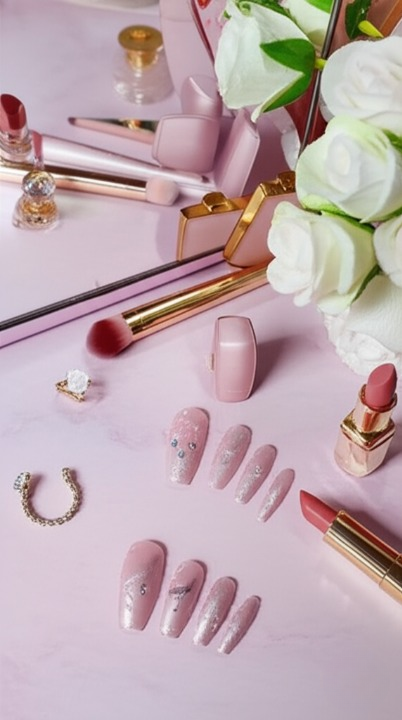Luxury Pink Nail Tips Set – 12 PCS False Nails with Glitter &amp; Rhinestone Design | Elegant Salon-Style Press-On Nails for Parties, Weddings &amp; Everyday Fashion View Gallery - Pakistan