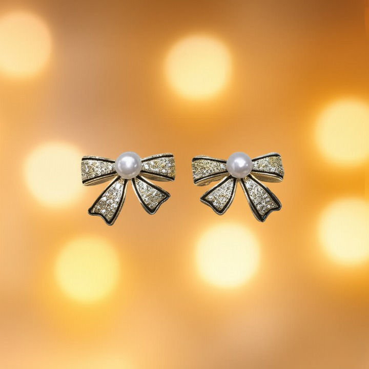 PJT-995 Bow Shape Zircon Pearl Earrings for Women – Korean Style Jewelry with Sparkling Zircon &amp; Classic Pearl Center | Available in Golden &amp; Silver | Perfect Gift for Parties, Weddings &amp; Everyday Fashion View Gallery - Pakistan
