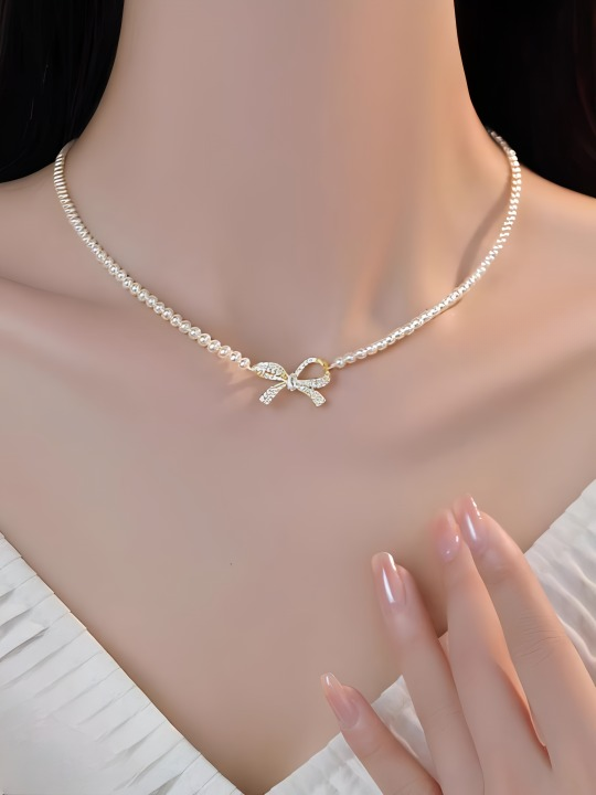 PQT-992 - Bow Shape Pearl Pendant Necklace for Women – Dainty Jewelry with Sparkling Bow Design | Available in Silver &amp;amp; Golden Finish | Perfect Gift for Weddings, Parties &amp;amp; Everyday Glamour