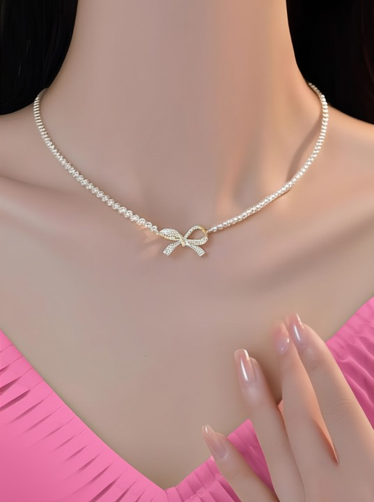PQT-992 - Bow Shape Pearl Pendant Necklace for Women – Dainty Jewelry with Sparkling Bow Design | Available in Silver &amp; Golden Finish | Perfect Gift for Weddings, Parties &amp; Everyday Glamour View Gallery - Pakistan