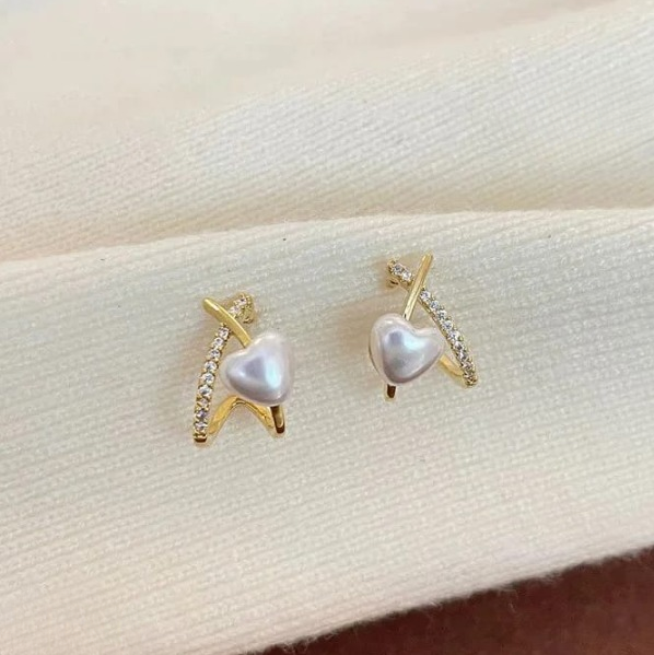 Stylish Minimalist Pearl Heart Earrings – Gold Hoop with Crystal Detailing - Cross Heart Peal Korean Earrings (PJT-993)