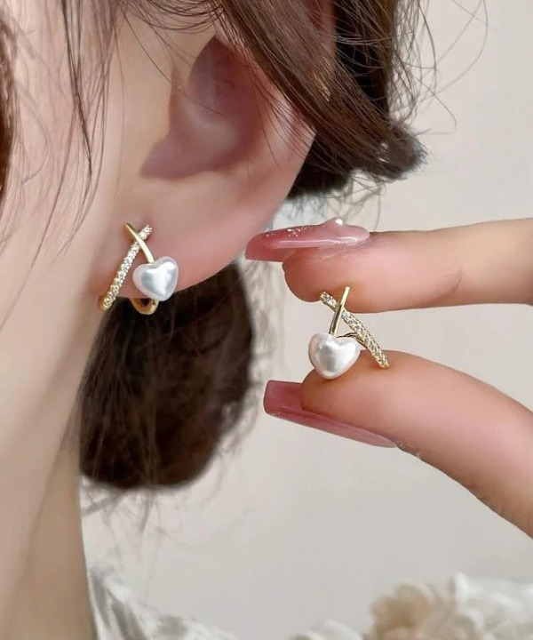 Stylish Minimalist Pearl Heart Earrings – Gold Hoop with Crystal Detailing - Cross Heart Peal Korean Earrings (PJT-993) View Gallery - Pakistan