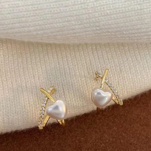Stylish Minimalist Pearl Heart Earrings – Gold Hoop with Crystal Detailing - Cross Heart Peal Korean Earrings (PJT-993) View Gallery - Pakistan