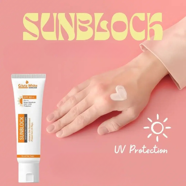 GlutaWhite Sunblock SPF 60+ – Moisturizing &amp;amp; Brightening UV Protection – 65gm for All Skin Types