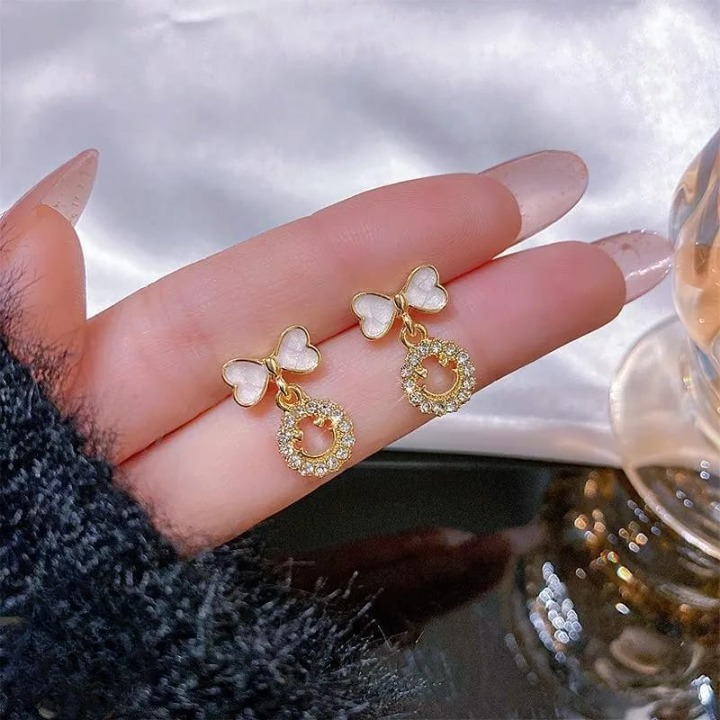 PXT-988 Smiley Face Zircon Korean Earrings – Elegant Bow &amp; Crystal Circle Design - Available In Goden And Silver Color View Gallery - Pakistan