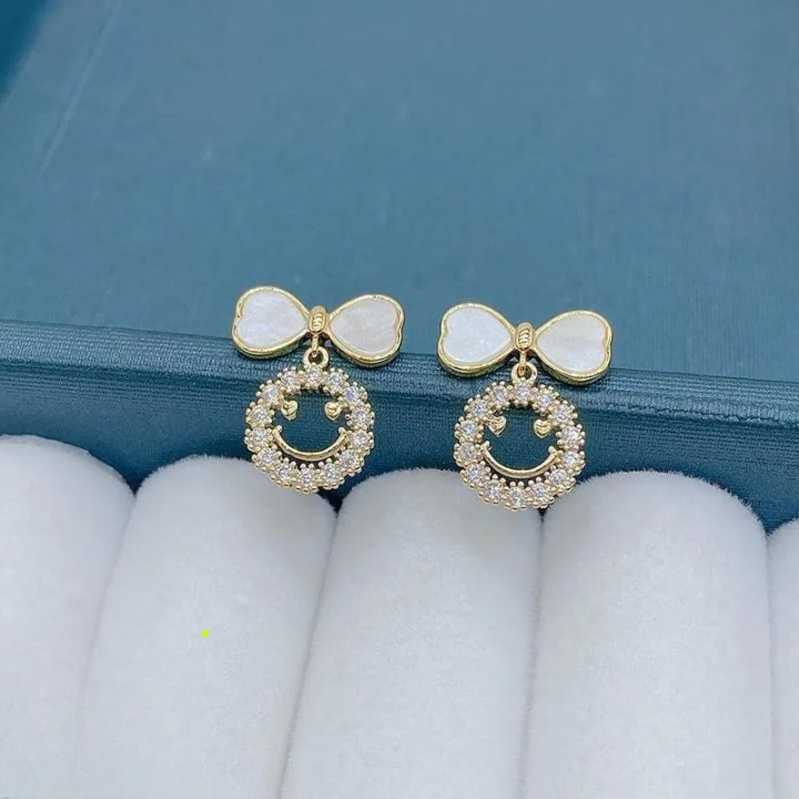 PXT-988 Smiley Face Zircon Korean Earrings – Elegant Bow &amp; Crystal Circle Design - Available In Goden And Silver Color View Gallery - Pakistan