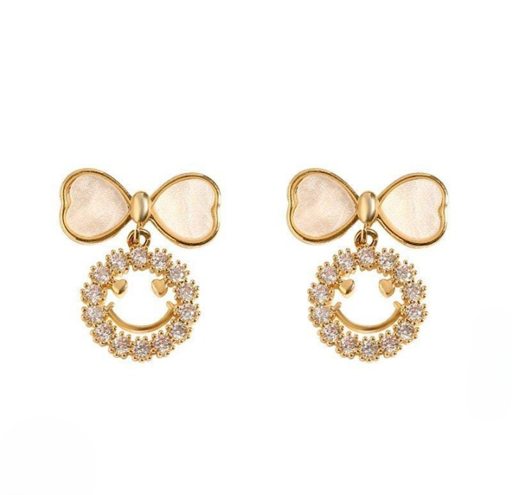 PXT-988 Smiley Face Zircon Korean Earrings – Elegant Bow &amp; Crystal Circle Design - Available In Goden And Silver Color View Gallery - Pakistan