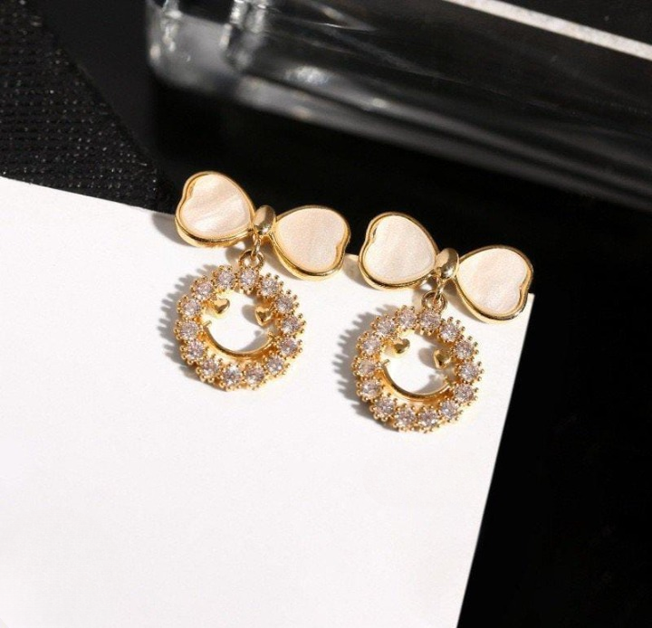 PXT-988 Smiley Face Zircon Korean Earrings – Elegant Bow &amp; Crystal Circle Design - Available In Goden And Silver Color View Gallery - Pakistan