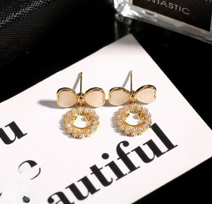 PXT-988 Smiley Face Zircon Korean Earrings – Elegant Bow &amp; Crystal Circle Design - Available In Goden And Silver Color View Gallery - Pakistan