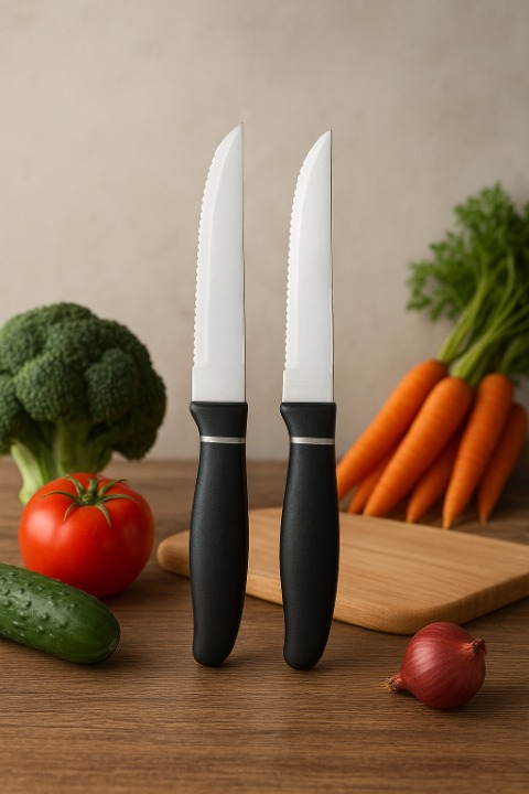 2 Pcs Concord Stainless Steel Kitchen Knife – Multipurpose Table Knife with Serrated Edge, 12 cm (Random color) View Gallery - Pakistan