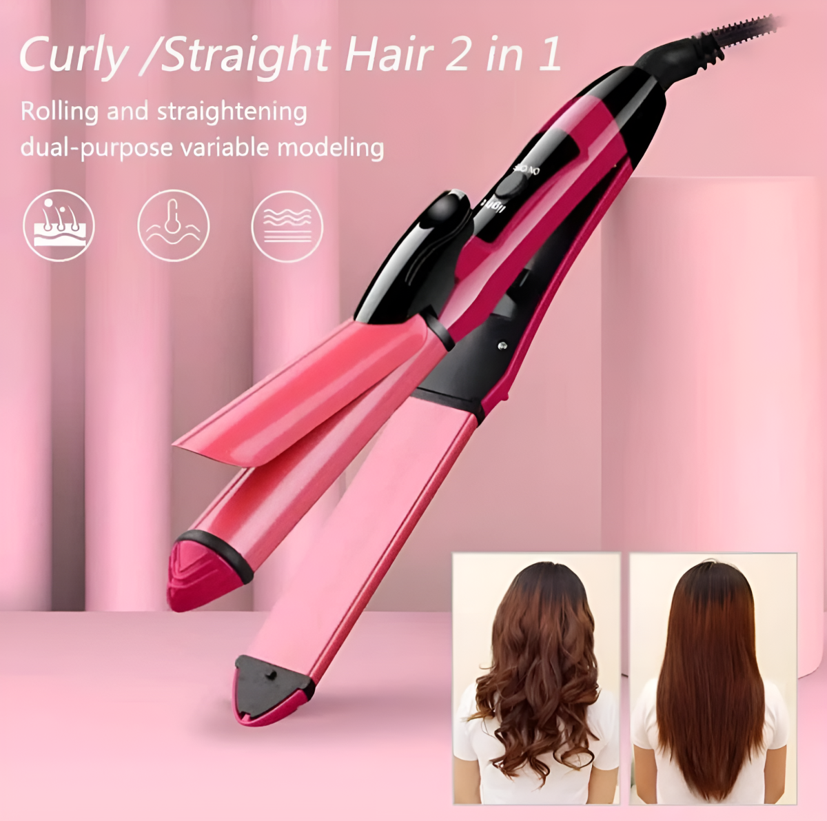 Nova 2-in-1 Hair Straightener &amp;amp; Curler – Model NH-2009, Quick Heat-Up Ceramic Plates for Smooth Straightening &amp;amp; Effortless Curls, Portable Dual-Use Styling Tool for All Hair Types