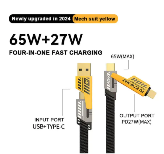 4 in 1 Data Cable Pack of 2 – USB-C &amp; Lightning Connectors, Braided Durable Design, Fast Charging &amp; Data Transfer, Black with Yellow Connectors View Gallery - Pakistan