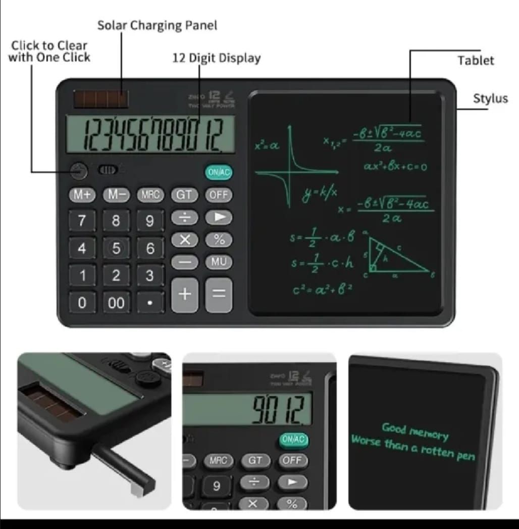 2-in-1 Calculator with LCD Writing Tablet – Dual-Function Office &amp; School Gadget | Portable &amp; Eco-Friendly |Random Color View Gallery - Pakistan