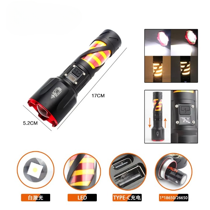 Long Range LED Rechargeable Flashlight – 26650 Battery, Power Bank Function, Battery Level Display, Zoom View Gallery - Pakistan