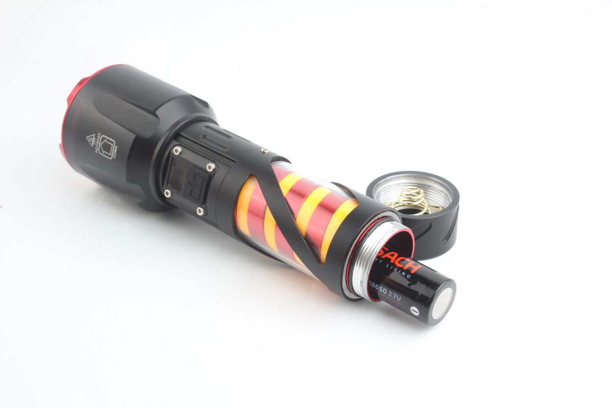 Long Range LED Rechargeable Flashlight – 26650 Battery, Power Bank Function, Battery Level Display, Zoom View Gallery - Pakistan