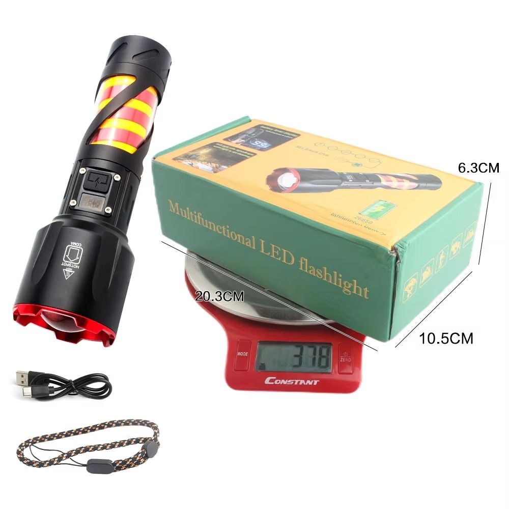 Long Range LED Rechargeable Flashlight – 26650 Battery, Power Bank Function, Battery Level Display, Zoom View Gallery - Pakistan