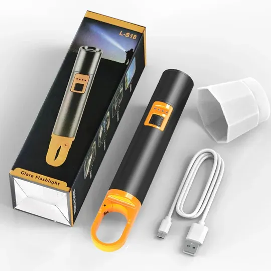 L-S18 Glare Rechargeable Type-C LED Flashlight With Power Bank – USB Input/Output, Digital Display, Emergency Torch &amp; Phone Charger for Outdoor &amp; Home Use View Gallery - Pakistan