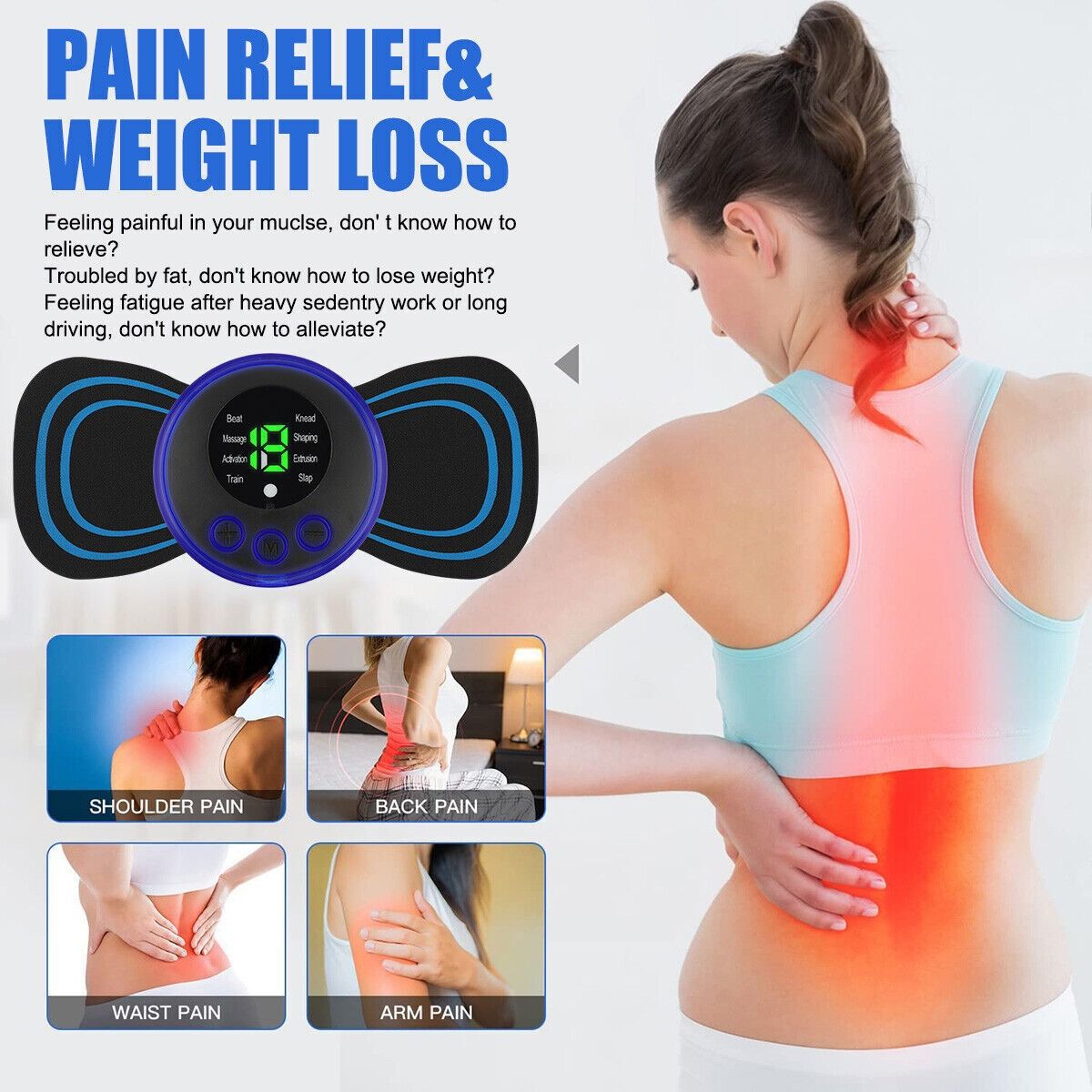 Portable EMS Mini Electric Massager Patch – Muscle Pain Relief for Neck, Back, Arms &amp; Full Body View Gallery - Pakistan