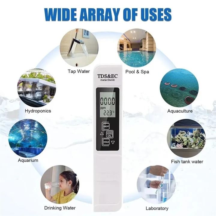 Portable Digital Water TDS, EC, And Temperature Meter (3-in-1) With ATC Function, 1ppm Resolution, 0-9990ppm Purity Tester View Gallery - Pakistan
