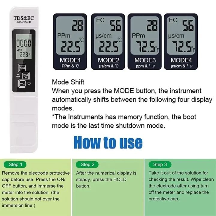 Portable Digital Water TDS, EC, And Temperature Meter (3-in-1) With ATC Function, 1ppm Resolution, 0-9990ppm Purity Tester View Gallery - Pakistan