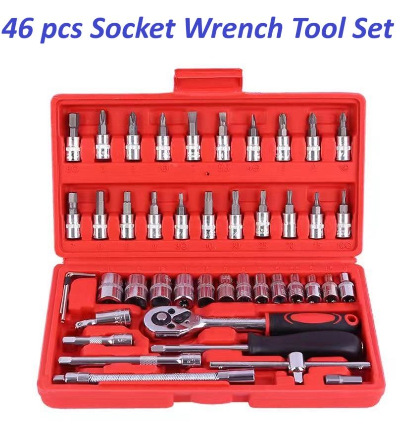 46-Piece Professional Socket Wrench Tool Set with Ratchet Handle, Sockets, Screwdriver Bits for Car, Motorcycle, Bicycle, Home Repair, Mechanical Work, Garage and DIY Maintenance Tasks, Portable Heavy-Duty Tool Kit View Gallery - Pakistan
