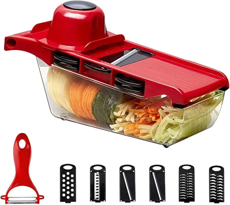 10 in 1 Mandolin Slicer Vegetable Cutter with Stainless Steel Blade Manual Potato Peeler Carrot Cheese Grater Nicer Kitchen Tool - Mandolin Vegetable Cutter - Red Color View Gallery - Pakistan