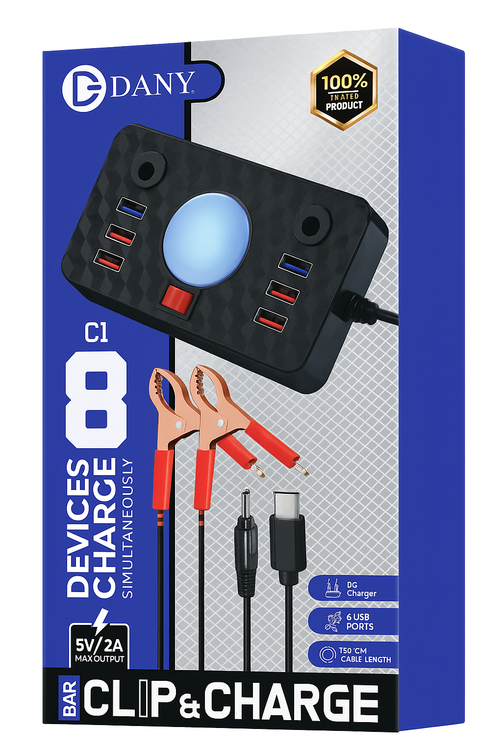 Dany C-1 Clipper Charger | 6 USB Ports | LED Light | DC Solar Mobile Charger | USB Battery Clamp | Power Cable | Short Circuit &amp;amp; Overload Protection - DC Mobile Charger - Original