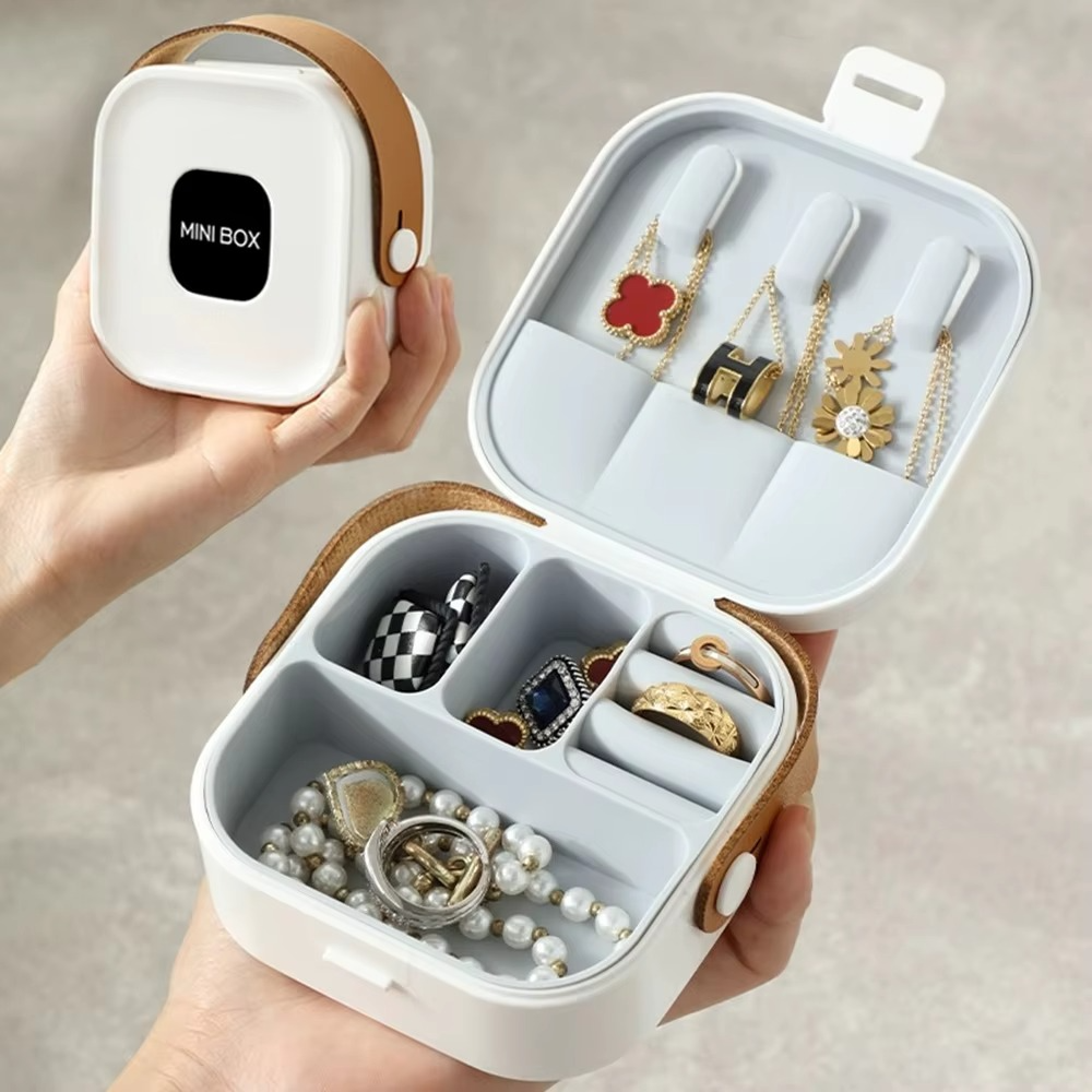 Jewelry Organizer Box | Portable Jewelry Storage Box | Sleek | Portable | Multi-Functional Travel Jewelry Organizer | Durable | Compact Ring | Necklace | Earring Storage Boxes With Mirror | For Travel | Home | Gift Option - Random Color