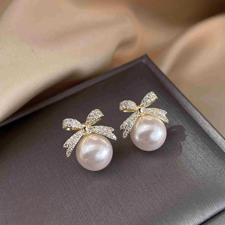 Bow sparkle diamond pearl stud earrings /  Pearl Earrings Women's Earrings for Gift View Gallery - Pakistan