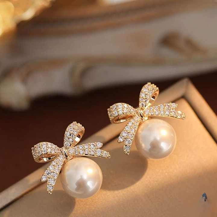 Bow sparkle diamond pearl stud earrings /  Pearl Earrings Women's Earrings for Gift View Gallery - Pakistan