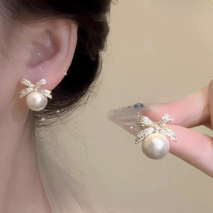 Bow sparkle diamond pearl stud earrings /  Pearl Earrings Women's Earrings for Gift View Gallery - Pakistan