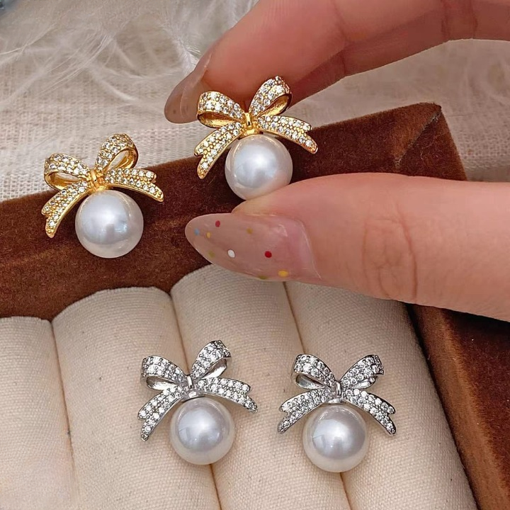 Bow sparkle diamond pearl stud earrings /  Pearl Earrings Women's Earrings for Gift View Gallery - Pakistan