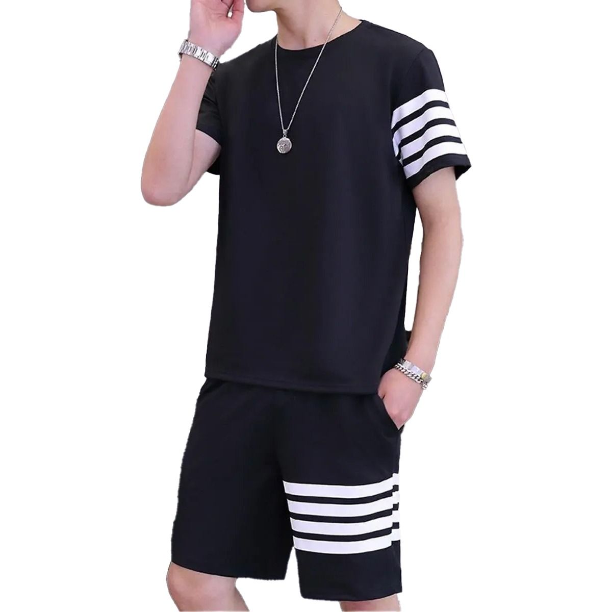 Black Color Trendy LINE Printed Tracksuit for Men | Cotton T-Shirt &amp; Shorts | Summer Casual Wear | Gym &amp; Elegant Suit View Gallery - Pakistan