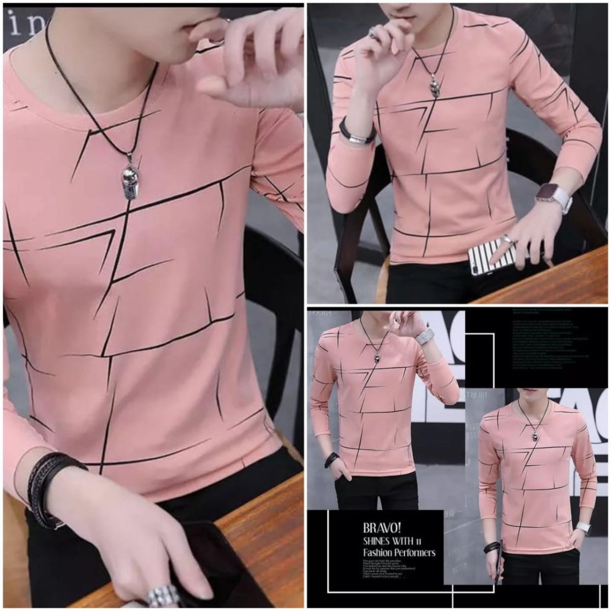 Fancy Cotton Jersey Full Sleeves T Shirt For Men | Best Quality Full Sleeves T Shirt For Men | T Shirt For Boys - Pink T-Shirt with Black Print