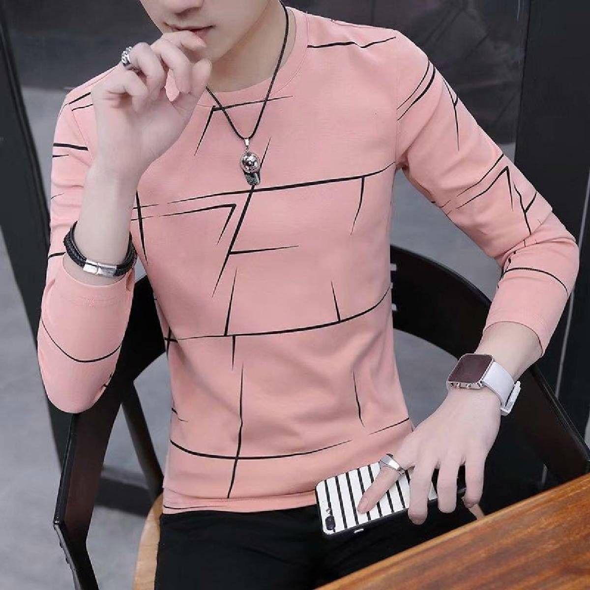 Fancy Cotton Jersey Full Sleeves T Shirt For Men | Best Quality Full Sleeves T Shirt For Men | T Shirt For Boys - Pink T-Shirt with Black Print View Gallery - Pakistan