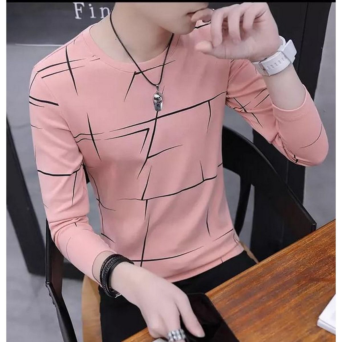 Fancy Cotton Jersey Full Sleeves T Shirt For Men | Best Quality Full Sleeves T Shirt For Men | T Shirt For Boys - Pink T-Shirt with Black Print View Gallery - Pakistan
