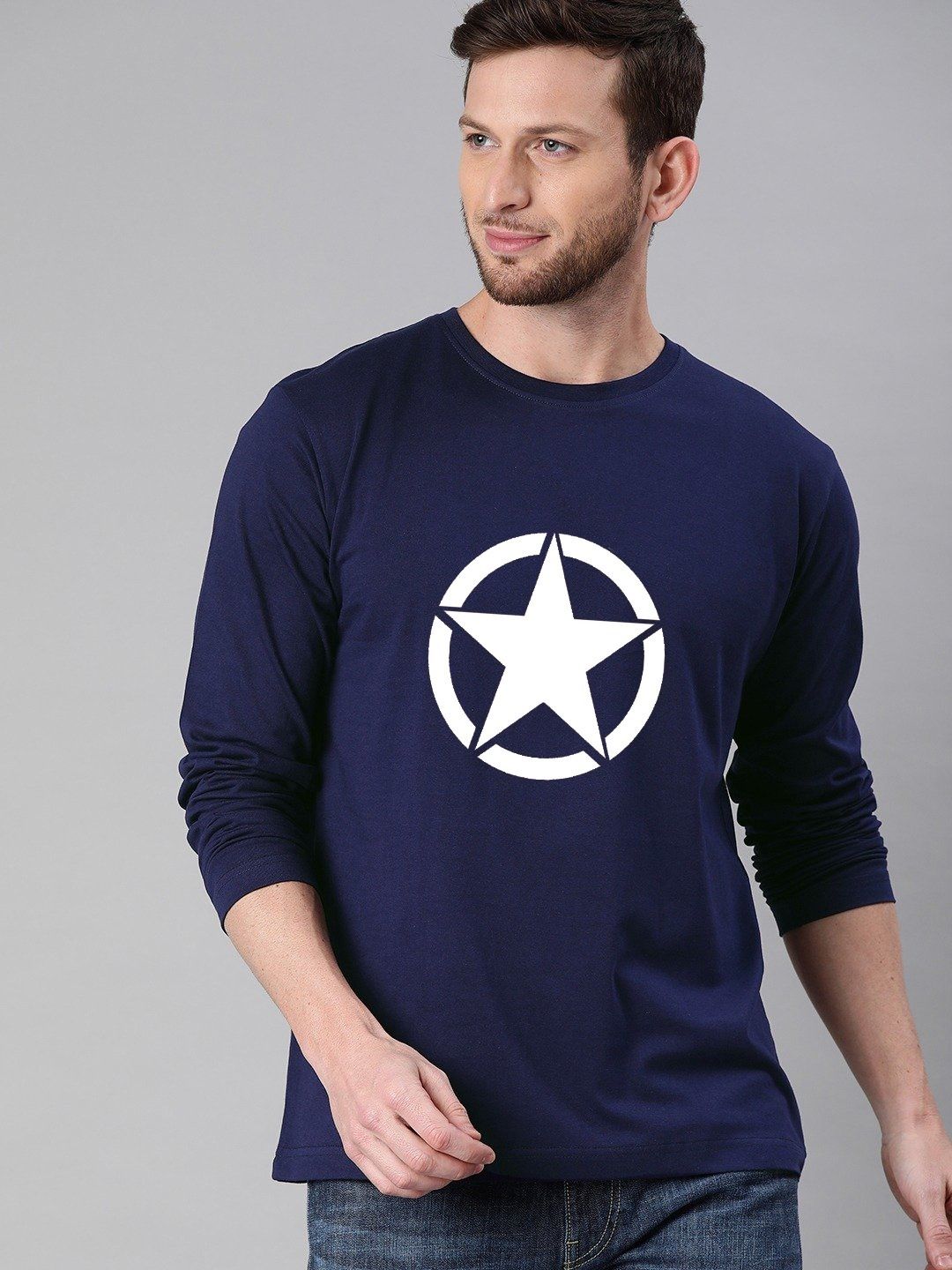 Full Sleeves round star logo printed summer 100% Cotton T-Shirt