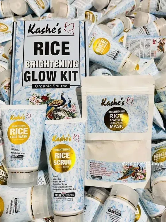 Kashe's Rice Extract Bright Glow Kit ( Rice Face Wash + Rice Scrub + Rice Mask ) View Gallery - Pakistan
