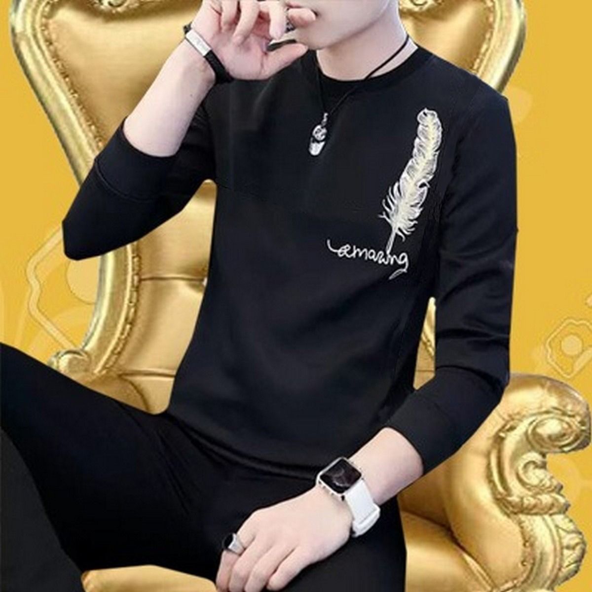 New Collection: Men's Stylish Print Full Sleeves T-Shirt - Premium Quality &amp;amp; Fashionable Design for a Smart Look | Black Leaf Print T-Shirt